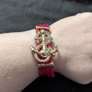 Gold Tone Red Faux Leather Anchor Nautical Statement Bracelet